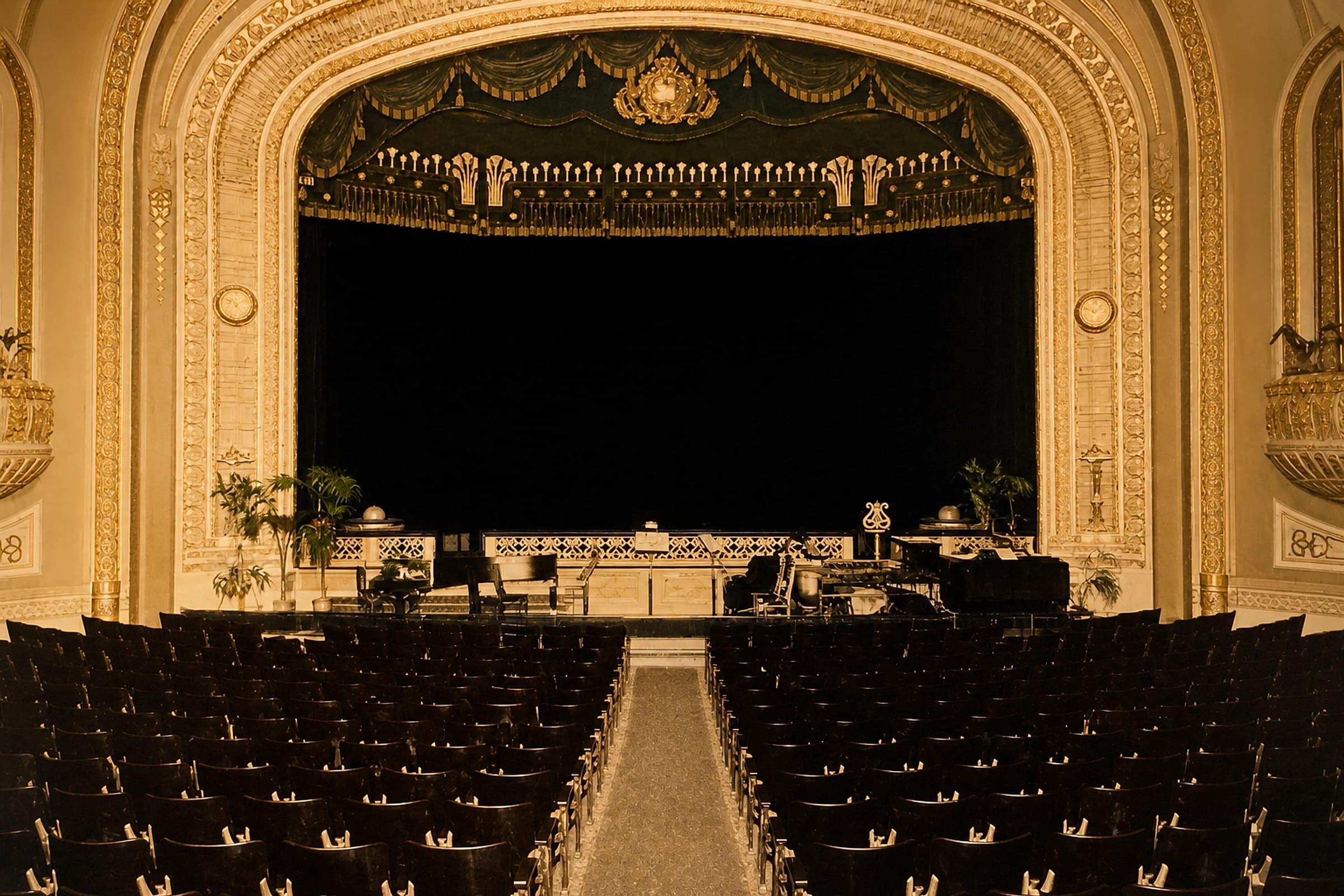 Inside the historic 1916 Coliseum Theatre: the cream-and-gold B. Marcus Priteca Beaux-Arts auditorium and proscenium, a real circa-1917 photograph faithfully colorized