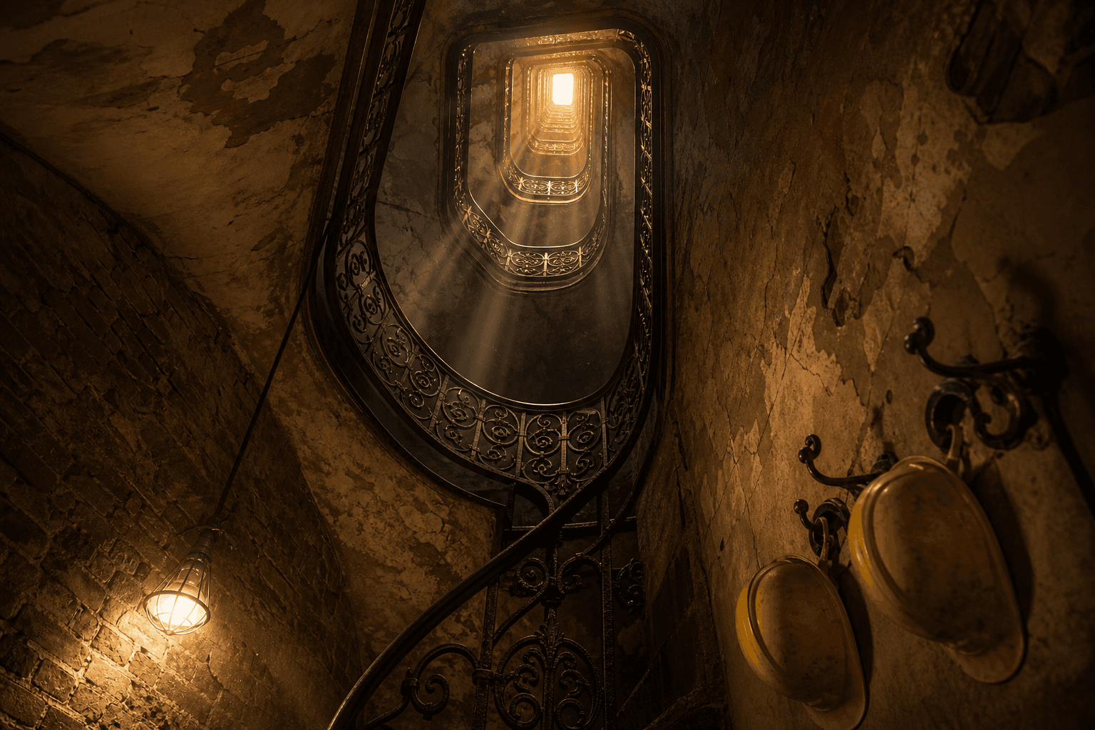 An illustrated impression of the original spiral staircase climb to the upper level of the Coliseum Theatre, with construction hardhats hanging on iron hooks