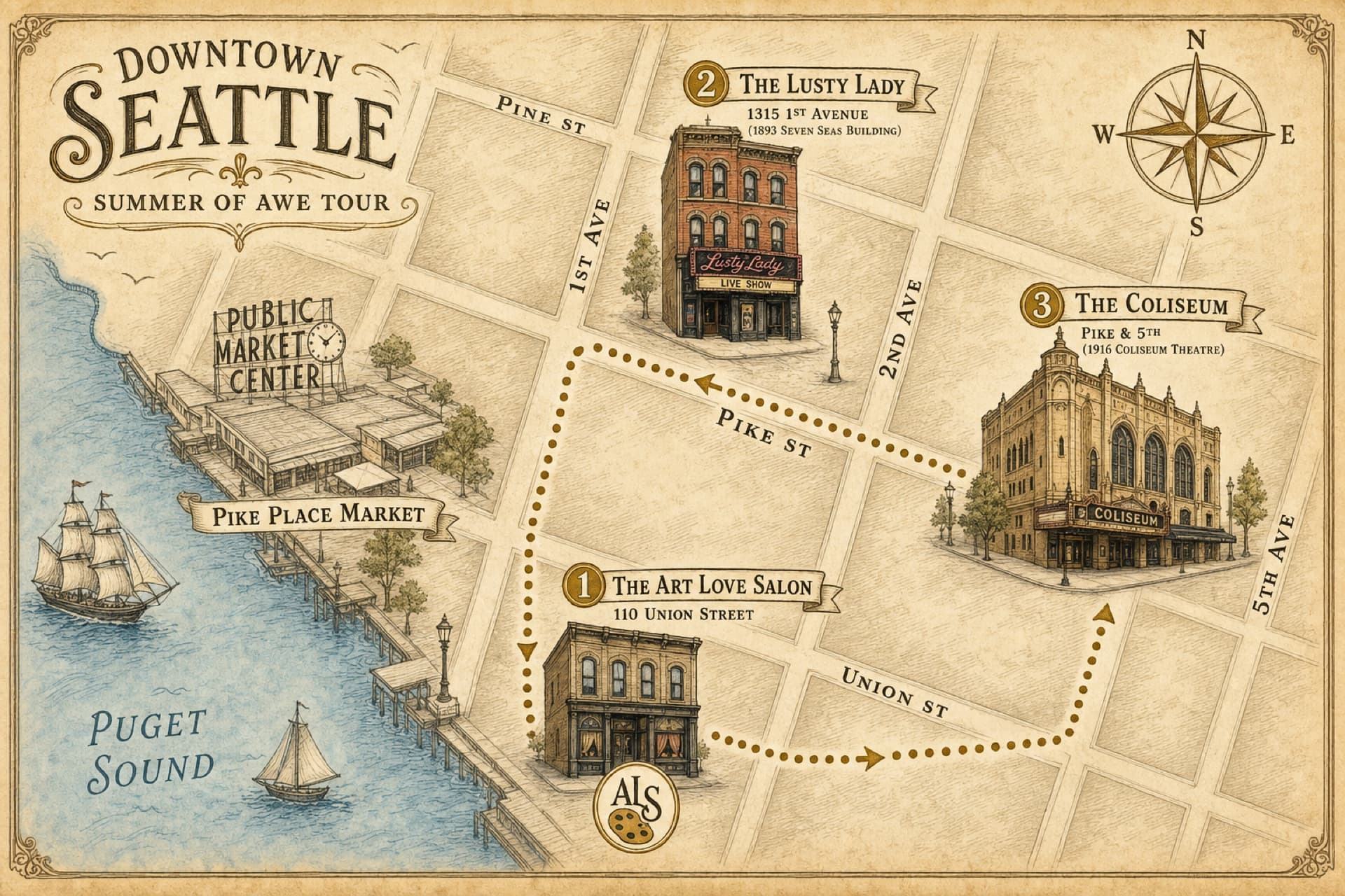 The vintage illustrated Summer of Awe Tour map: a downtown Seattle parchment-style street map showing the Art Love Salon, the Lusty Lady, and the Coliseum with a dotted walking path connecting them
